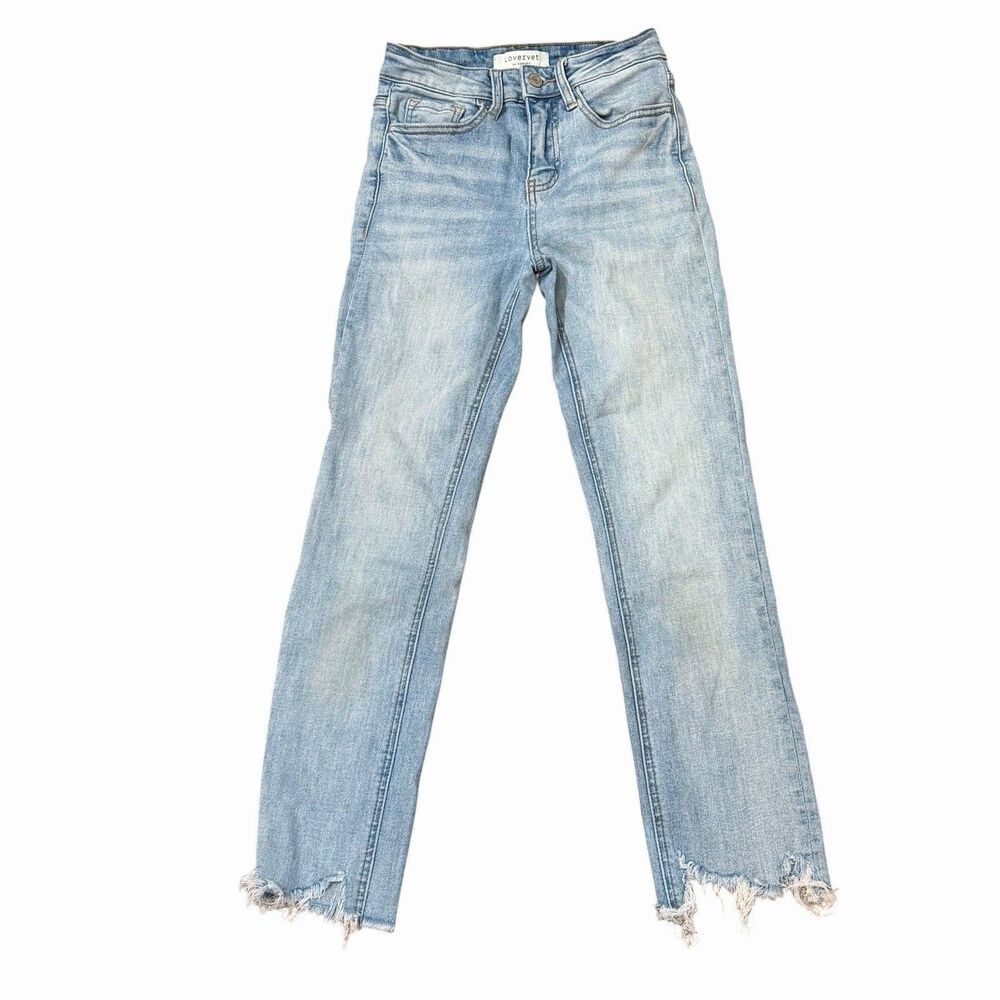 Lovervet Mid Rise Raw Hem Ankle Crop Straight Jeans Distress Light Wash 24x25”